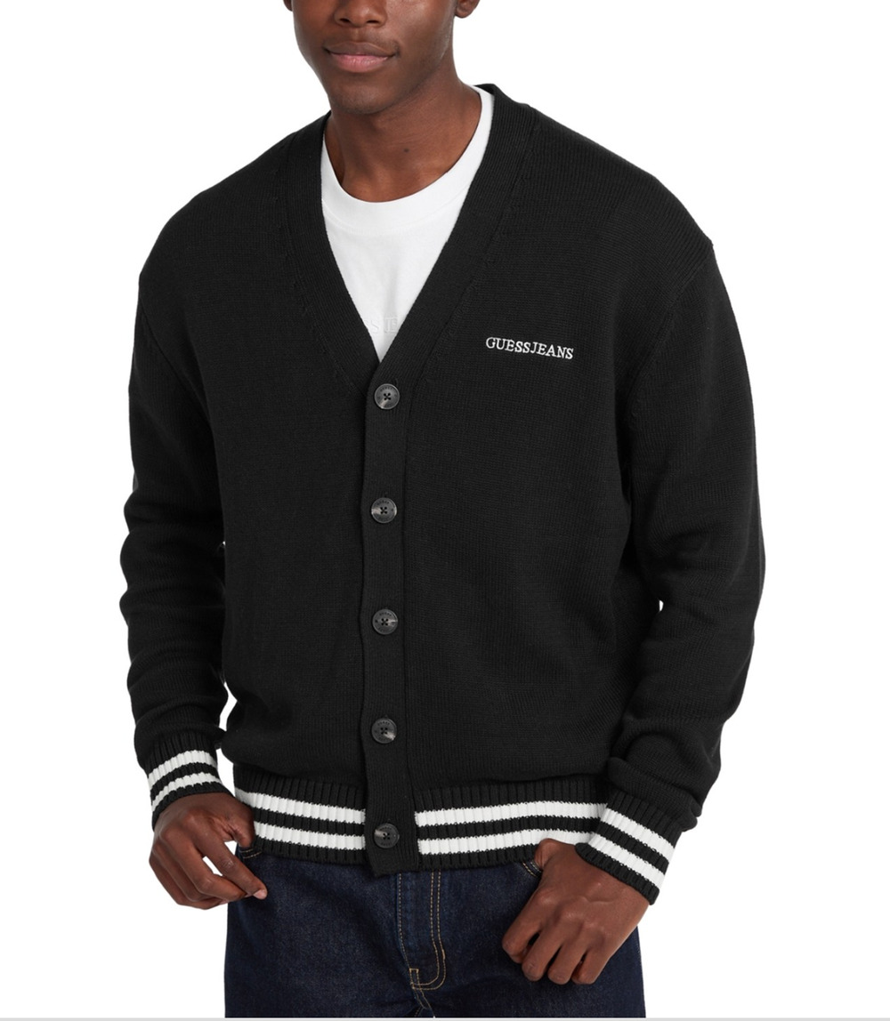 Guess Jeans Men Embossed Logo Cardigan Sweater Black Size XXL